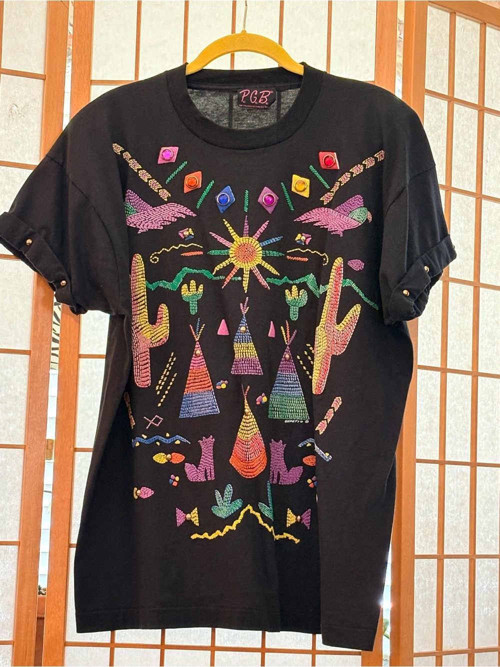 PGB Black Short Sleeve Tee with Colorful Embroidered Desert Motif Vintage Large